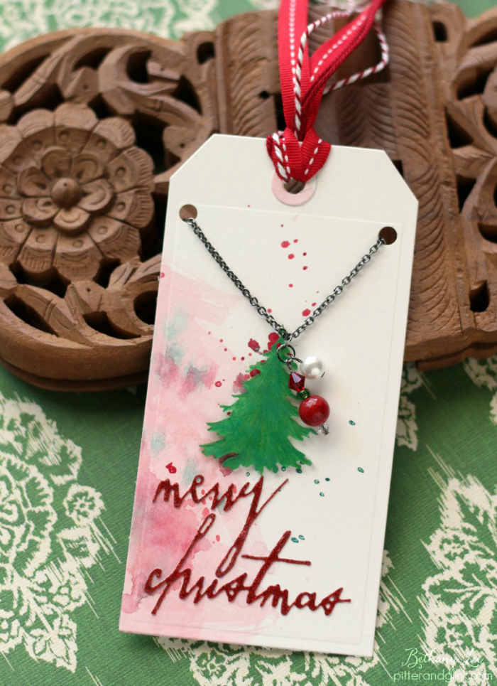 Evergreen Christmas Tree Necklace with Watercolor Gift Tag Packaging www.pitterandglink.com