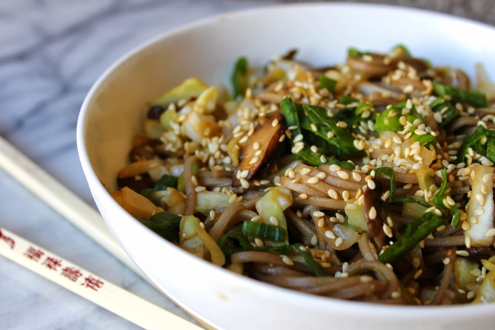 Taste and See Soba noodle bowl with creminis and cabbage