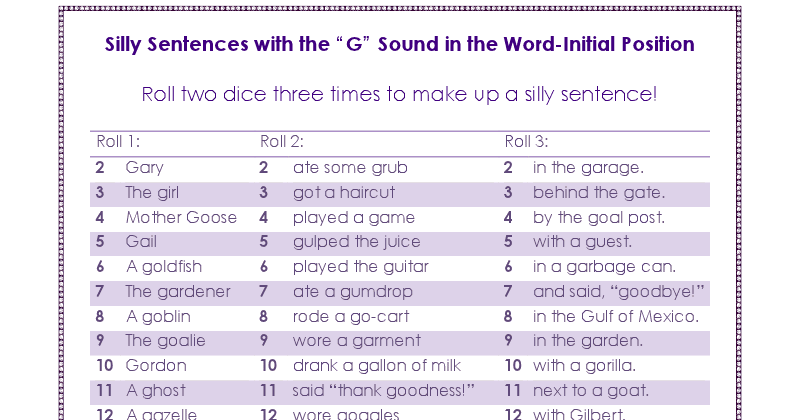 ms lane s slp materials articulation silly sentences with the g