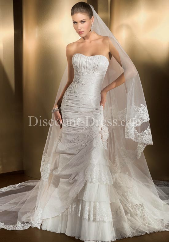 Mermaid Strapless Floor Length Attached Taffeta Lace #Wedding #Dress