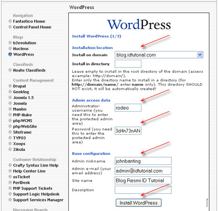 install wordpress pada subdomain