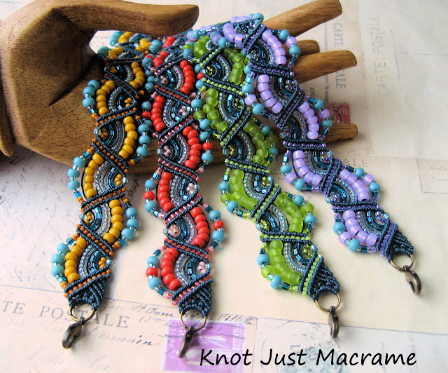 Four color variations of a micro macrame bracelet by Sherri Stokey of Knot Just Macrame.