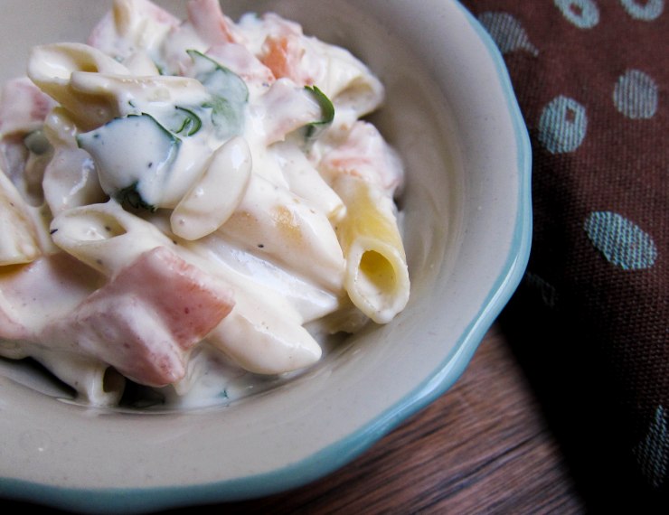 the indolent cook smoked salmon pasta salad with grapefruit yoghurt, almonds and coriander