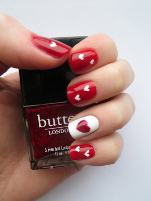 Butter London Chancer and Sinful Colors Ruby Ruby Valentine's Day nail art