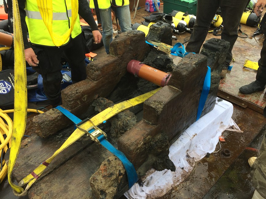 17th century gun-carriage salvaged from London wreck 17th century gun-carriage salvaged from London wreck