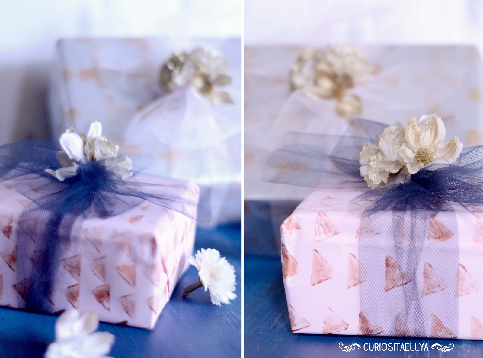 Curiositaellya Home Made Geometric Print and Tulle Bow Gift Wrap {DIY}