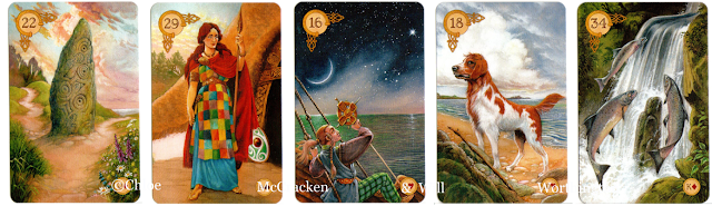 Celtic Lenormand path, woman, stars, dog, fish, line of five