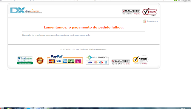Imagem II: Mensagem de erro ao comprar com paypal