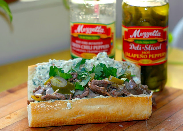 green chile cheese steak with jalapeno and cilantro