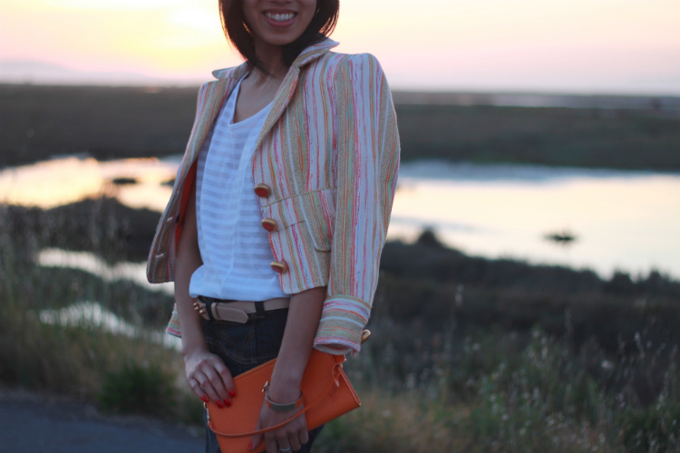 blazer with tshirt over denim skirt striped white tee