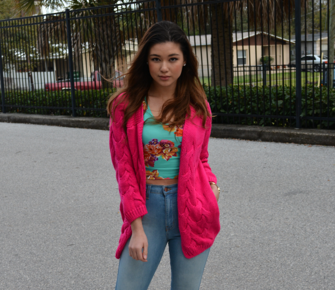 Raspberry Jam Outfit 155 Hot Pink Cable Knit Cardigan