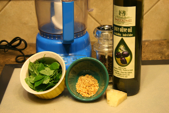 Making pesto: basil, toasted almonds, hard cheese, salt & pepper and extra olive virgin oil. 