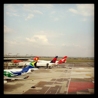 View of the runway from the business class lounge at Johannesburg JNB airport in South Africa