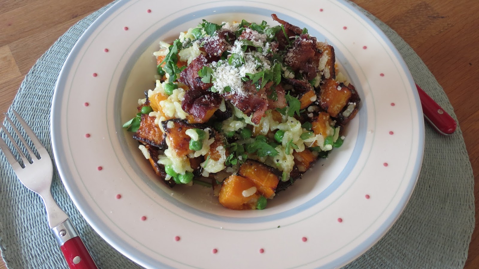 Cooking for Sanity Butternut squash, pea and streaky bacon risotto