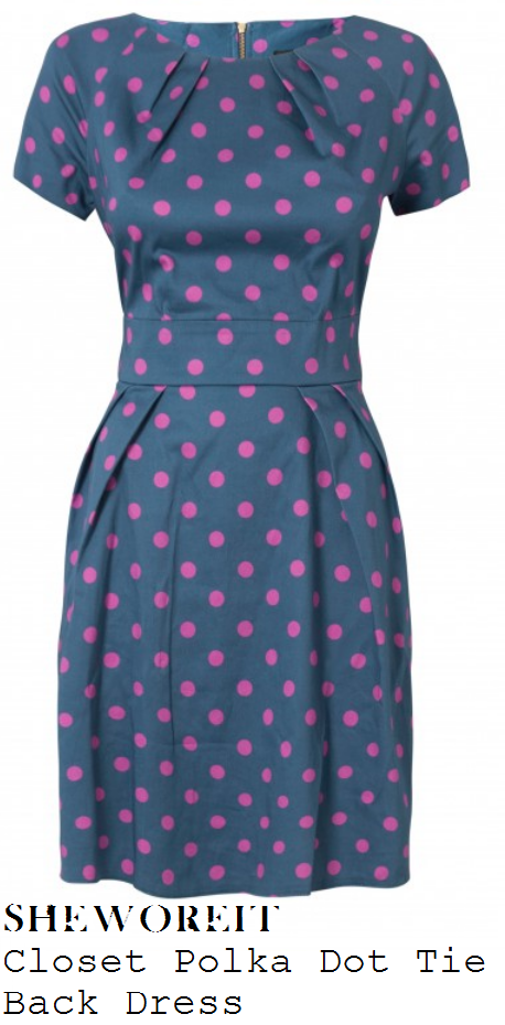 holly-willoughby-blue-and-pink-polka-dot-print-short-sleeve-pleat-detail-dress-this-morning
