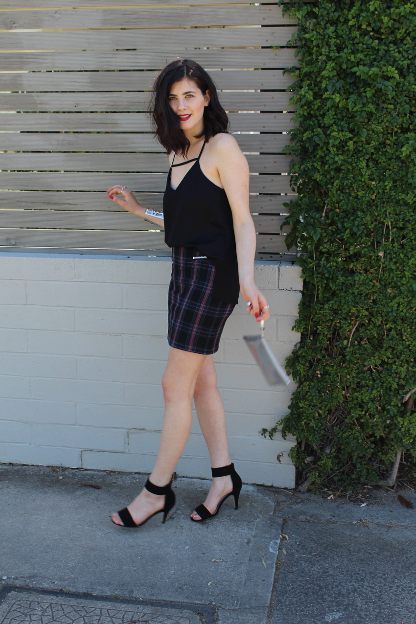 ivana, ivana petrovic, like a harte, likeaharte, zomp heels, australian fashion bloggers, australian fashion blog, staple the label, strappy back cami, spaghetti strap cami, simple date outfits, date outfit ideas, black strappy sandals, glassons, tartan skirt, how to wear a tartan skirt, how to wear a plaid skirt, glassons bloggers, 1989 taylor swift, new romantics, 1989, taylor swift, the rumour mill pr, rumour mill pr,