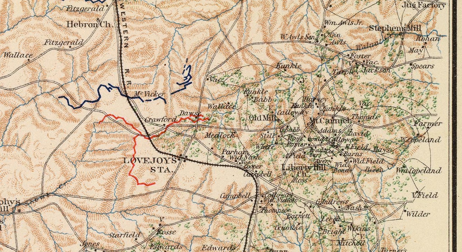 1864 map by edgar rugar and reproduced in 1895 showing the lovejoy station battle lines near the still steele home and the nash farm 1864 map by edgar rugar and reproduced in 1895 showing the lovejoy station battle lines near the still steele home and the nash farm
