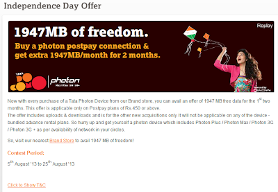 Tata Docomo Free 1947 MB Internet : Independence Day Offer