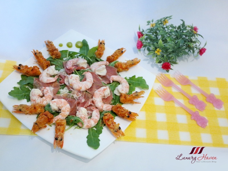 Wild Rocket Salad with Parma Ham and Wasabi Prawns Recipe