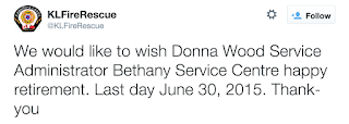 Bethany Ontario Service Centre Administrator Thanked image Kawartha Lakes Fire Service Tweet transcribed below