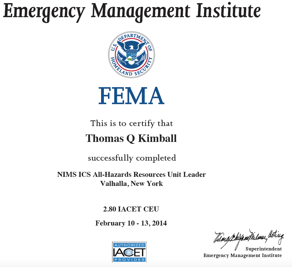 The (L-965) All-Hazards ICS Resources Unit Leader Course at Valhalla, NY February 2014