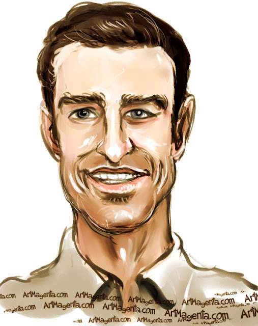 Justin Timberlake caricature cartoon. Portrait drawing by caricaturist Artmagenta