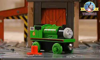 Thomas and friends Percy the tank engine at the Dieselworks wooden railway train spinning turntable
