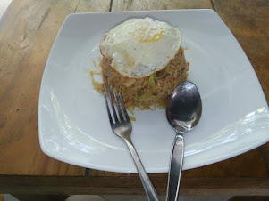 "Beef/Rice at "Wood Gate" restaurant.Notice the fried egg served on top of the mound of rice.