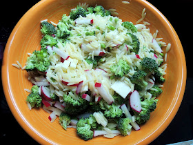 Orzo salad with peas, broccoli, radish, and havarti