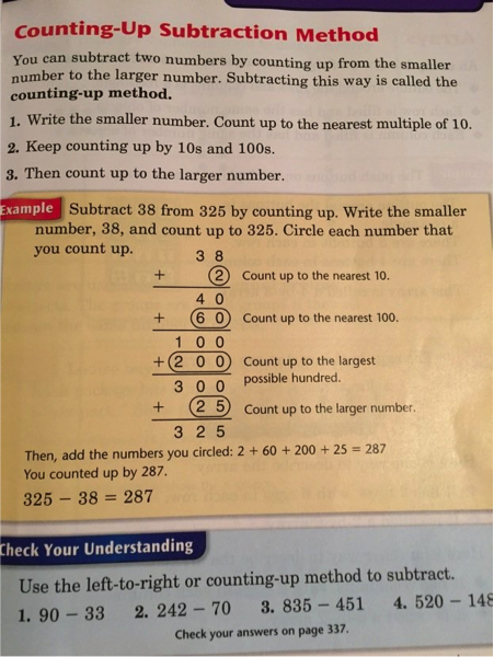 Common Core Subtraction Problem: Counting Up Method