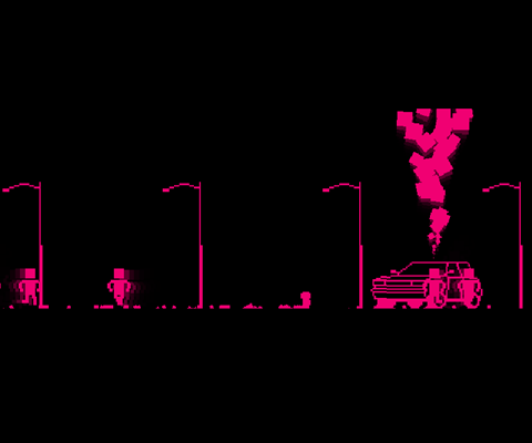 Screen shot from PunksNotDead. Black background, pink 8-bit style graphics, a burnt out car and group of punks running about.