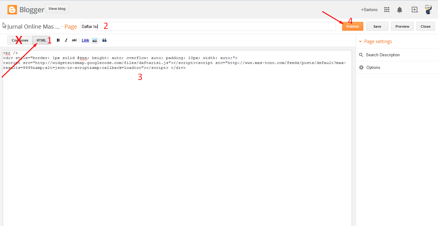 meletakan kode HTML di halaman pages Cara Membuat Pages Daftar Isi Artikel Secara Otomatis