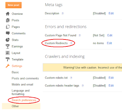 Custom redirects in Blogger settings