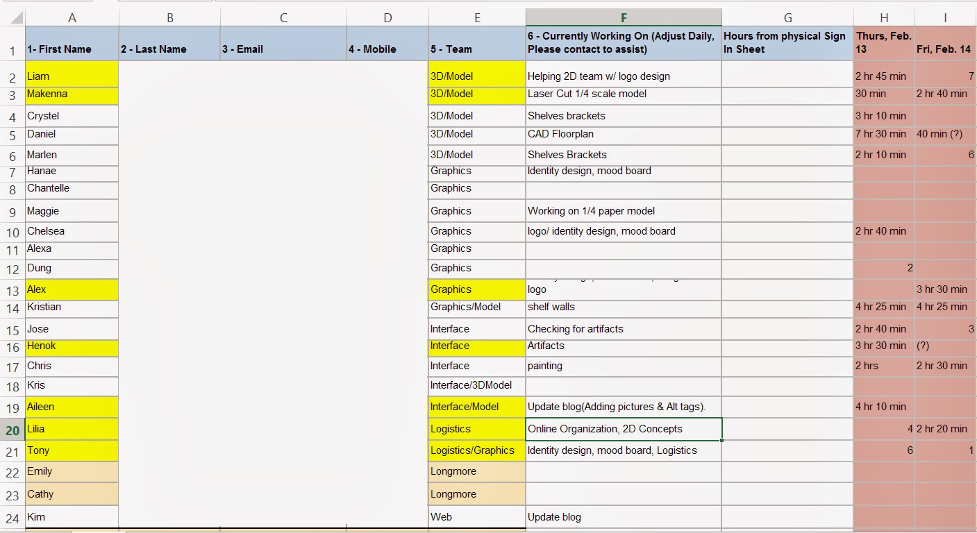 Contact and Time Sheet via Google Drive Contact and Time Sheet on Google Drive with contact information, hours, and a currently working on list.