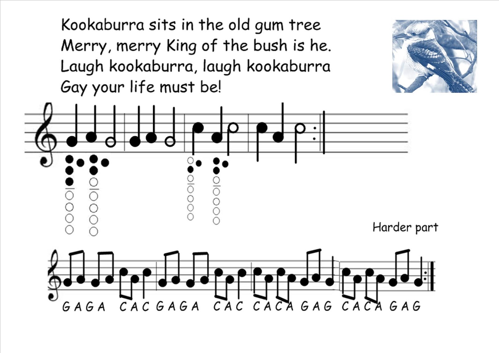 Year 3 Kookaburra lyrics and easy recorder Music at