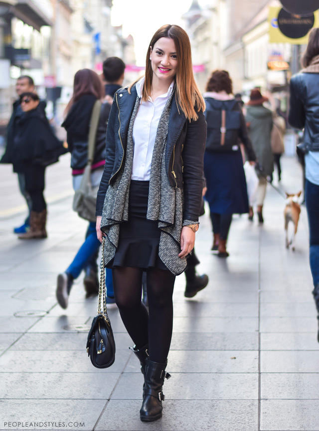 Elegant, stylish daily street style outfit idea, weekend look: flared mini skirt, biker jacket, layered cardigan and ankle boots, Andrea Racetin