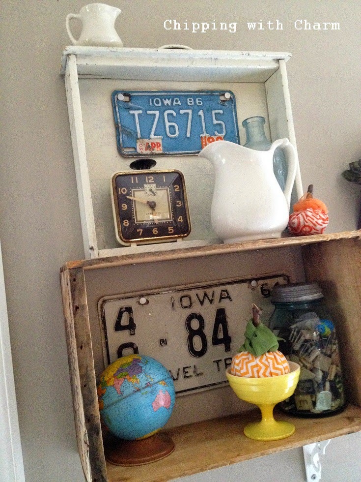 Chipping with Charm: Colorful Fall Drawer Shelf Vignette...http://www.chippingwithcharm.blogspot.com/