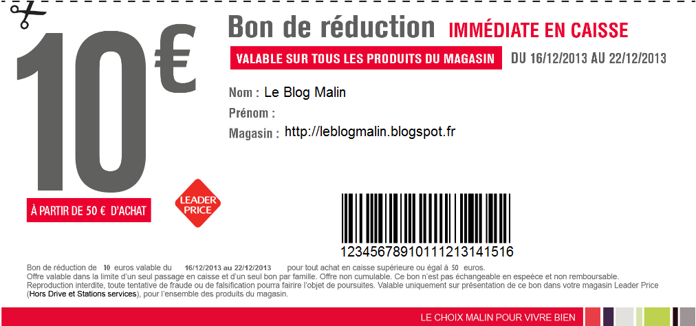 Le Blog Malin Mon Leader Price 2 Bons De Reduction De 6 A 10 Du 16 Au 24 Decembre 2013