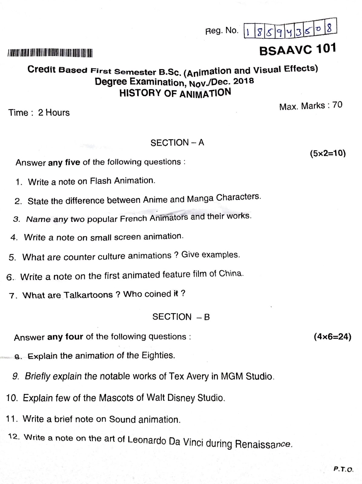 History of animation( animation and vfx) question paper