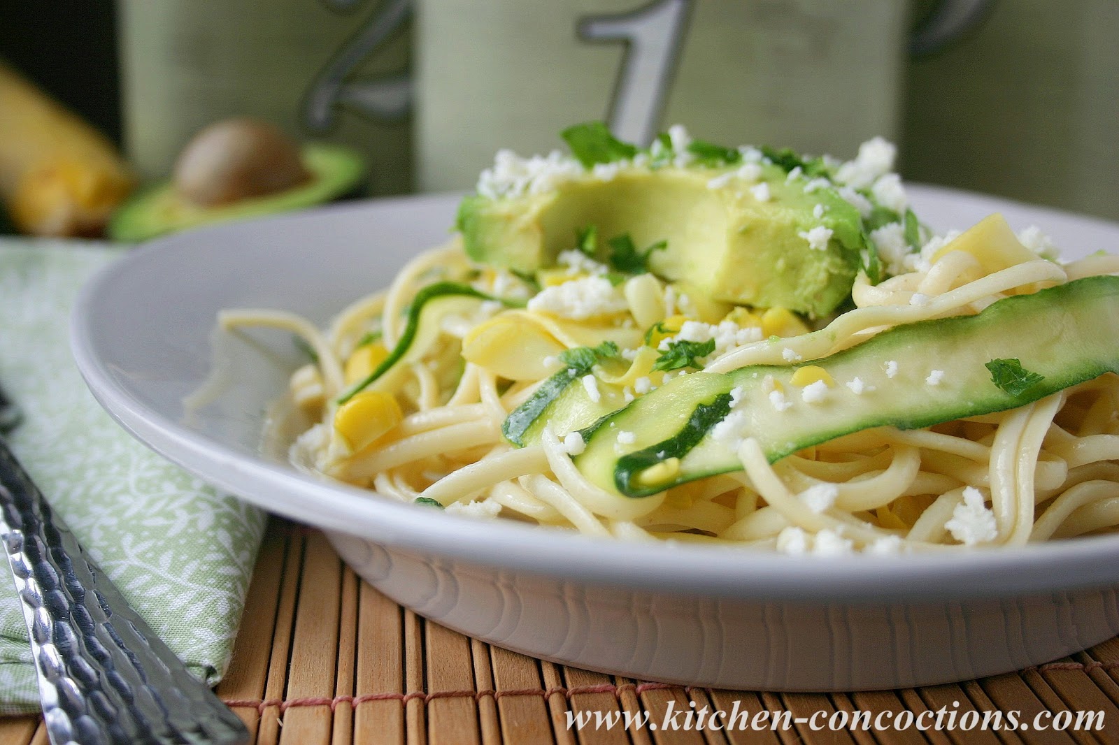 Summer Squash Ribbon Pasta Salad with Sweet Corn and Avocado Kitchen