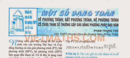 Dạng toán về phương trình chứa tham số giải bằng phương pháp đạo hàm, Phạm trọng thư, phuong trinh giai bang dao ham