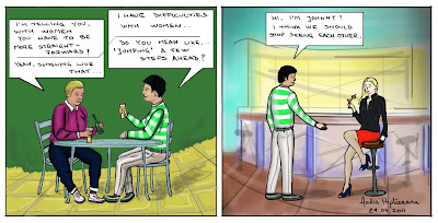 Friendly advice given to a guy about going out on a first date with a girl Comic cartoon A guy gives his friend some piece of advice about going out on a first date with a girl
