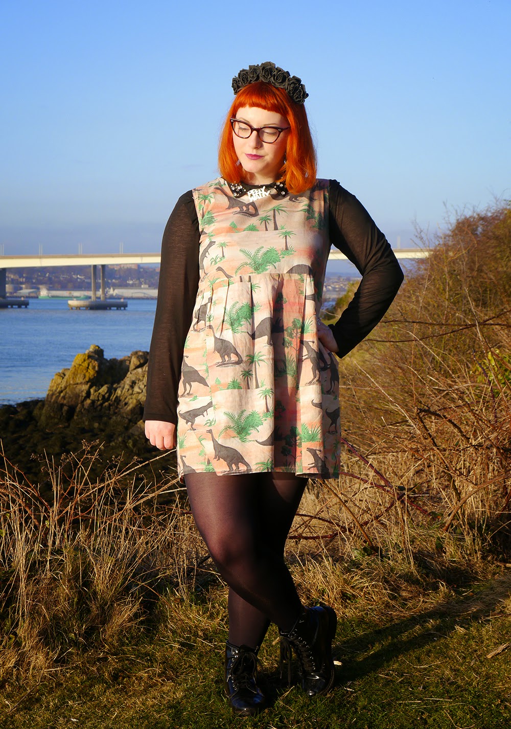 What Helen Wore, Valentine's Day, Adventures, Scottish Blogger, Crown and Glory Black Flower Headband, Bonnie Bling Scottish Sland Necklace, Vintage Style Me Dinosaur Dress, H and M Shirt