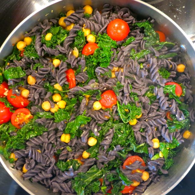 The Veracious Vegan Black Bean Pasta with Kale and Cherry Tomatoes