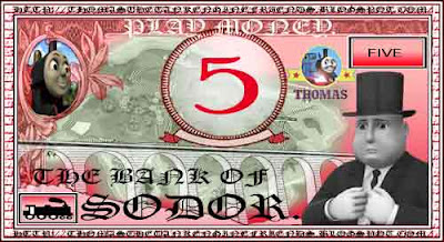 Red engine James Thomas the train fake printable play money for kids number five 5 toy paper bill