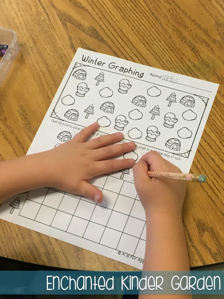 Sometimes Teacher-Authors who have stores on Teachers Pay Teachers get to swap products to test things out in their classrooms -- we like to call this Trade and Grade! This blog post is all about how I was able to try two kindergarten or primary grades resources created by Elyse from for Apples. Click through to read about her fantastic task cards and Winter Print-and-Go literacy resource! This is a photograph of a student completing a graphing activity for kindergarten.