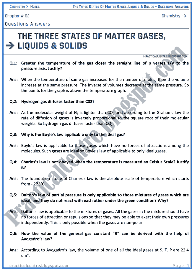 Three States Of Matter Gases, Liquid And Solids - Questions Answers - Chemistry XI