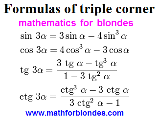 Trigonometry formulas multiple angles. Formulas of triple corner. Sine three alpha, cosine 3 alpha, tangent of 3a, cotangent three alpha. Mathematics for blondes. Mathforblondes.