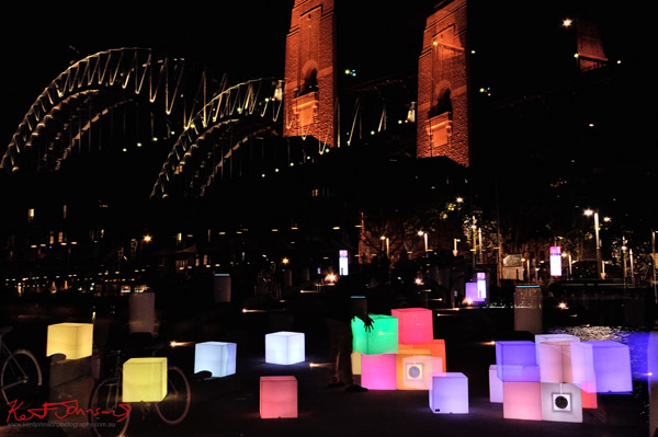 Light Cubes on Walkway, Artist Unknown Light cubes on walkway (before being tossed in water), Walsh Bay, Vivid Sydney
