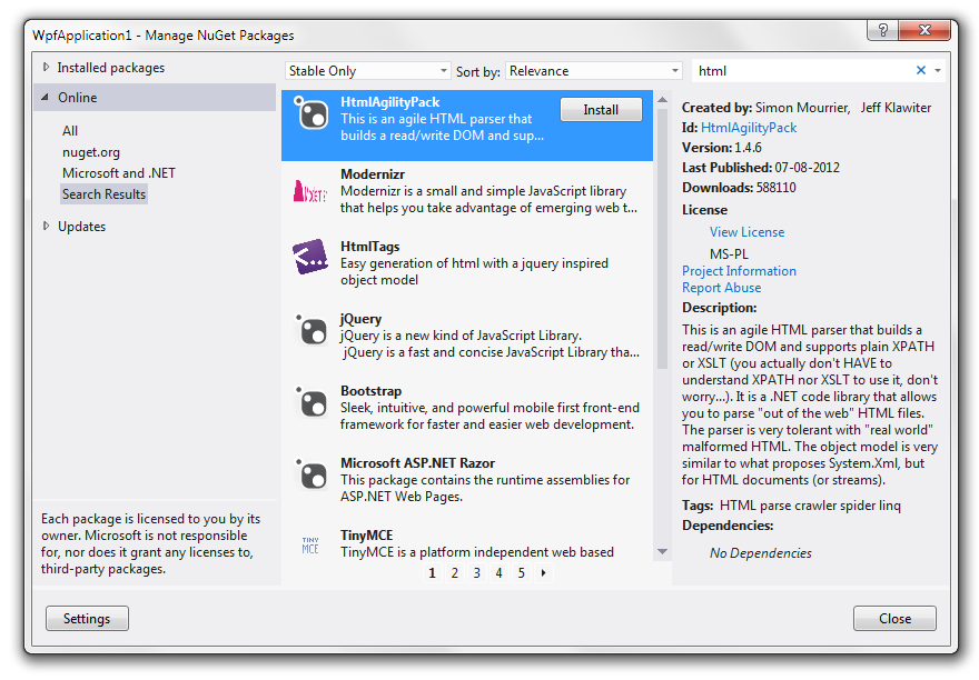 Install Html Agility Pack through NuGet